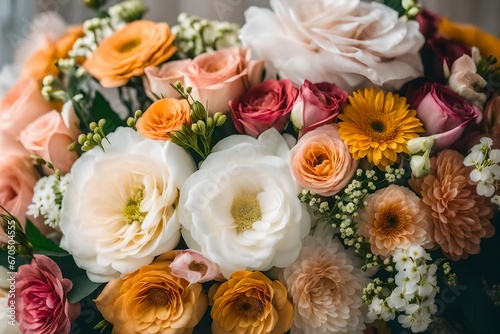 Arrange a stunning bridal bouquet against a soft  romantic backdrop. Highlight the different flower varieties and their delicate arrangement