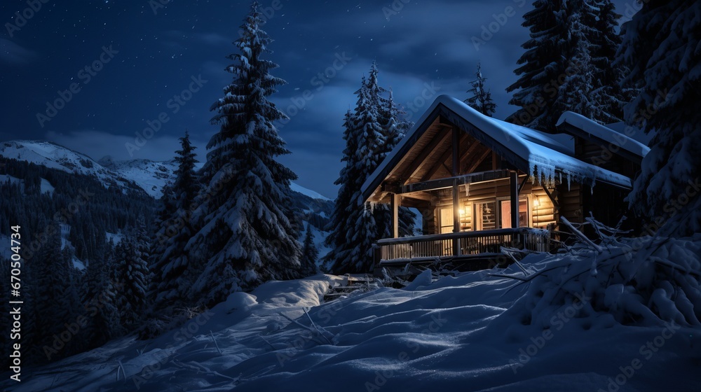 Snow capped cabin within the snow at night