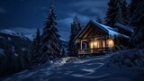 Snow capped cabin within the snow at night