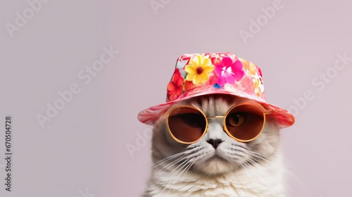 Songkran and summer season concept with scottish cat wearing summer cloth and shades on white foundation