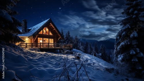 Snow capped cabin within the snow at night © Ruslan