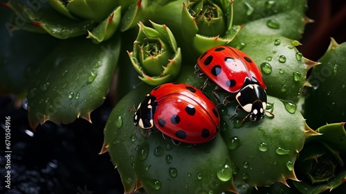 Wonderful succulent takes off, twist plants, two ladybirds large scale gleams in sun on dull green soaked foundation outside. Backdrop - imaginative picture of immaculateness and delicacy photo