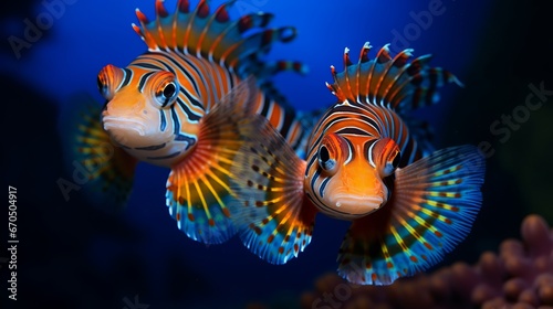 Wonderful multi color mandarin angle, mandarin angle battling, two male mandarin angle closeup, Mandarinfish or dragonet. Colorful mandarin dragonet swimming in clear ocean water close beautiful