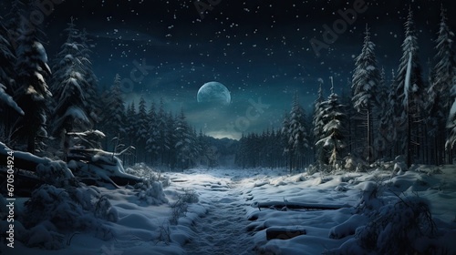 Nighttime enchantment, snowy woods, cold-weather elegance, tranquil moonlit scene, serene snowy landscape. Generated by AI.