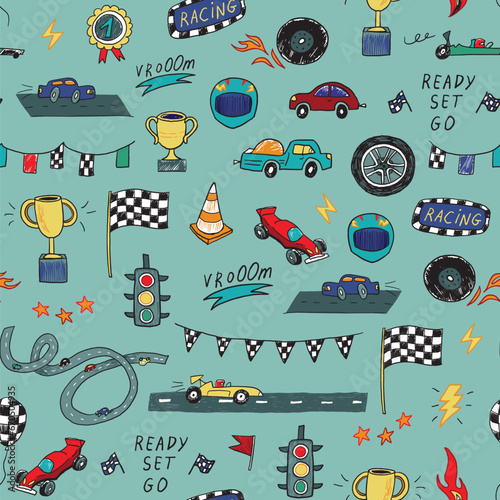 Racing cars vector doodle seamless pattern.