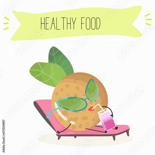 Vector cartoon character longan, funny vegetables, fruits. Fresh harvest, exotic, organic, vegetarian products, children's birthday, price tag, sticker.