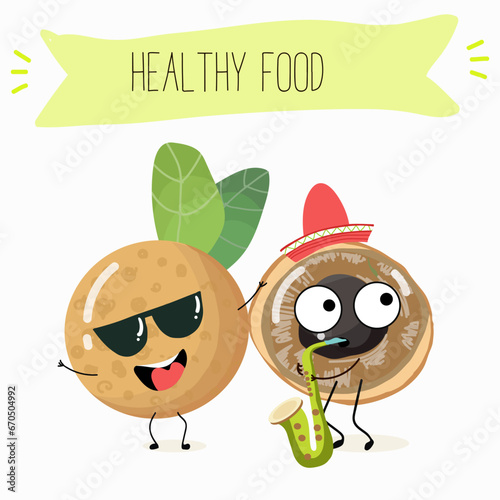 Vector cartoon character longan, funny vegetables, fruits. Fresh harvest, exotic, organic, vegetarian products, children's birthday, price tag, sticker.