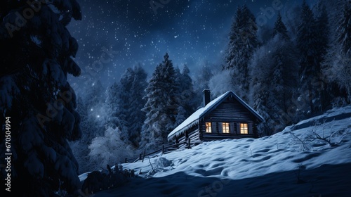 Winter or Christmas publicizing foundation with purge white painted rural wooden sheets ignoring a lit cold timber mountain cabin with falling snow for item arrangement photo