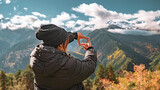 New year planning and vision concept, Close up of woman hands making frame gesture with beautiful mountain landscape autumn, Mestia - Georgia, Searching for best image composition as he hiking