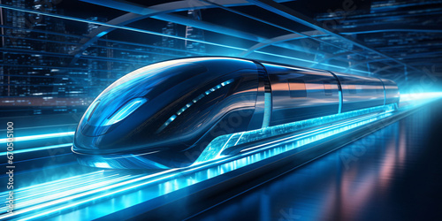 The future technology of high-speed transport. Futuristic bullet train or hyperloop ultrasonic train capsule. The tunnel is located in an urban environment. AI generated photo