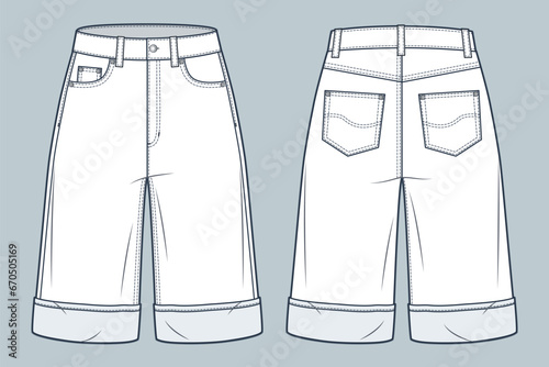 Bermuda Shorts technical fashion illustration. Denim Short Pants fashion flat technical drawing template, high waist, pockets, front and back view, white, women, men, unisex CAD mockup.
