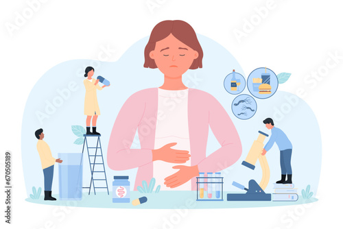 Research into causes of abdominal pain by tiny doctors vector illustration. Cartoon sick female character holding belly with symptoms of stomachache and nausea because of fast food, wine and bacteria