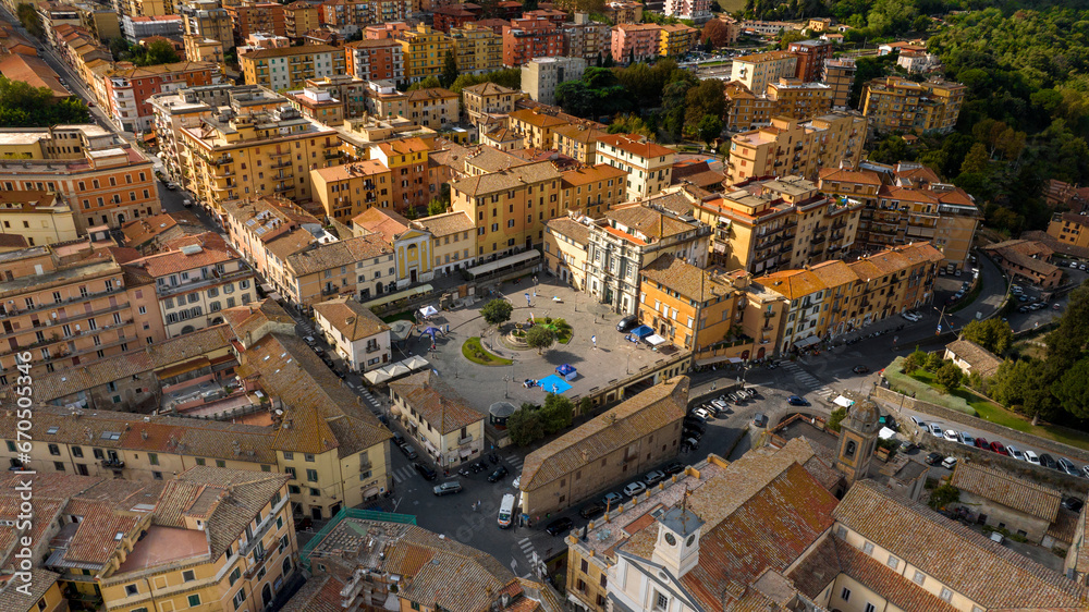 Aerial view of Piazza IV Novembre located in the center of Bracciano, in the metropolitan city of Rome, Italy. It is one of the most important squares in the town.