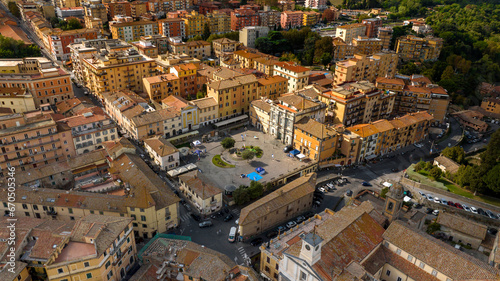 Aerial view of Piazza IV Novembre located in the center of Bracciano, in the metropolitan city of Rome, Italy. It is one of the most important squares in the town.
