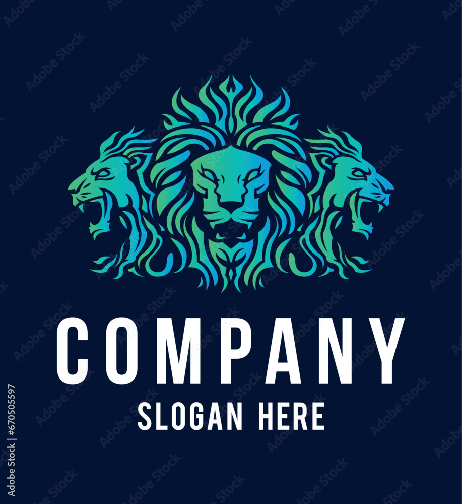 Three Lion King head logo template design line art vector illustration isolated on white and dark backgrounds. Triple Lion face with mane hair brand identity logotype design.
