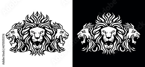 Lion King heads mascot front and side view company logo vector line art illustration on black and white background. Triple Lion faces and mane business logo design.