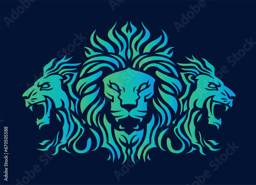 Three Lion King head logo template design line art vector illustration isolated on white and dark backgrounds. Triple Lion face with mane hair brand identity logotype design.
