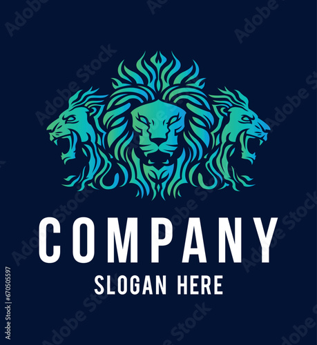 Three Lion King head logo template design line art vector illustration isolated on white and dark backgrounds. Triple Lion face with mane hair brand identity logotype design. 
