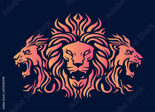 Fototapeta Naklejka Na Ścianę i Meble -  Triple Lion face mascot front and side view logotype line art eps vector art image illustration. Lion head with mane hair business company logo design and brand identity graphic.