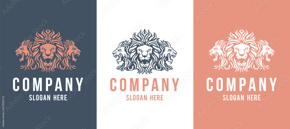 Triple Lion face mascot front and side view vector art image business company logo template, brand identity logotype on white and dark backgrounds. Triple Lion face mascot front and side view vector art image business company logo template, brand identity logotype on white and dark backgrounds.