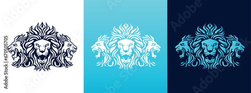 Triple Lion face mascot front and side view logotype line art eps vector art image illustration. Lion head with mane hair business company logo design and brand identity graphic.