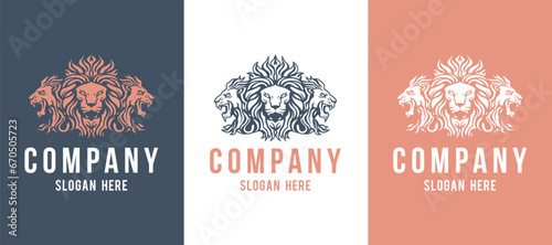 Triple Lion face mascot front and side view vector art image business company logo template, brand identity logotype on white and dark backgrounds.