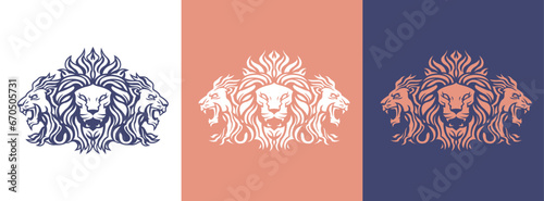 Three Lion King head logo template design line art vector illustration isolated on white and dark backgrounds. Triple Lion face with mane hair brand identity logotype design.
