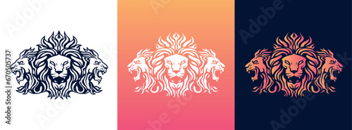 Lion King heads mascot front and side view company logo vector line art illustration on black and white background. Triple Lion faces and mane business logo design.