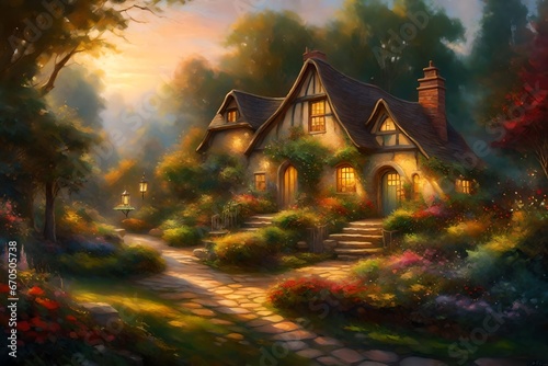 an oil painting capturing a fairytale garden akin to Thomas Kinkade, featuring a cozy, illuminated cottage nestled amid lush, glowing greenery photo