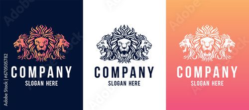 Triple Lion face mascot front and side view vector art image business company logo template, brand identity logotype on white and dark backgrounds.