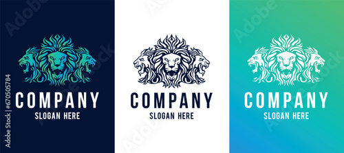 Triple Lion face mascot front and side view logotype line art eps vector art image illustration. Lion head with mane hair business company logo design and brand identity graphic.