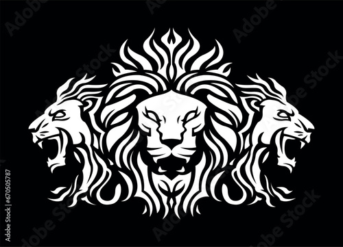 Three Lion King head logo template design line art vector illustration isolated on white and dark backgrounds. Triple Lion face with mane hair brand identity logotype design. 