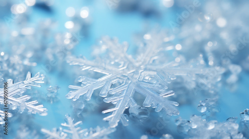 Close up of snowflakes on blue background. Macro shot.