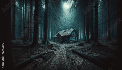 Cabaña siniestra en un bosque photo
