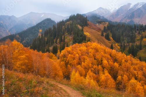 Beautiful mountain landscape on an autumn day, Tien Shan Range near the city of Almaty in Kazakhstan, Kimasar Gorge