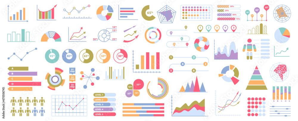 Chart and graphs vector flat cartoon icons. Statistics, growth and pie chart icon set. Stats and diagram, financial analytics, sales increase and reduce concept. Web design elements - obrazy, fototapety, plakaty 