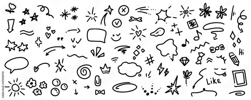 Doodle cute line elements, glitter pen drawings. Simple sketch line style emphasis, attention, pattern elements. Doodle heart, arrow, star, sparkle decoration symbol set icon. Vector illustration.