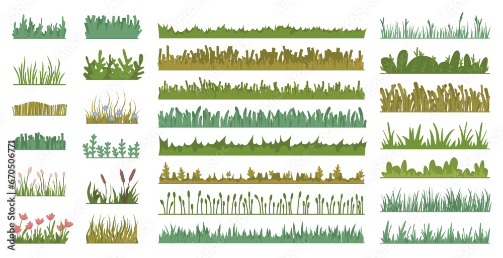 Vector flat grass with blooming flowers set isolated icons. Illustration of green grass in cartoon style, spring fresh grasses kit for web game design. Nature landscape element - obrazy, fototapety, plakaty 