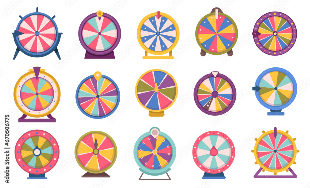 Roulette fortune spinning wheels flat icon, gambling games automats. Set of fortune, wheel for casino, success game roulette vector illustration. Bankrupt or lucky gamble, leisure games - obrazy, fototapety, plakaty 