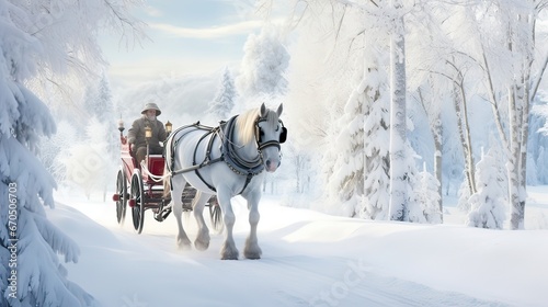 Snowy magic, horse-drawn sleigh ride, wintertime charm, gliding through the snow, serene and scenic wintry scene. Generated by AI.
