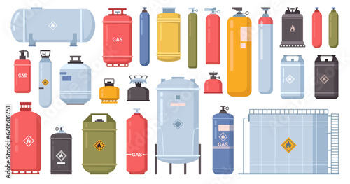Gas cylinder container bottle, tank with dangerous liquid. Lpg propane bottle icon container. Oxygen gas cylinder canister fuel storage. Vector flat carton illustration of camping flammable canister