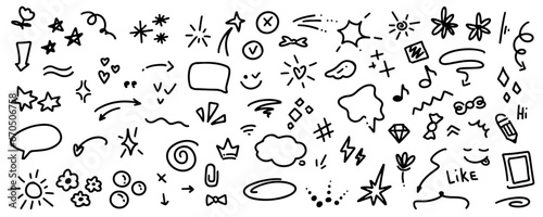Doodle cute line elements, glitter pen drawings. Simple sketch line style emphasis, attention, pattern elements. Doodle heart, arrow, star, sparkle decoration symbol set icon. Vector illustration.