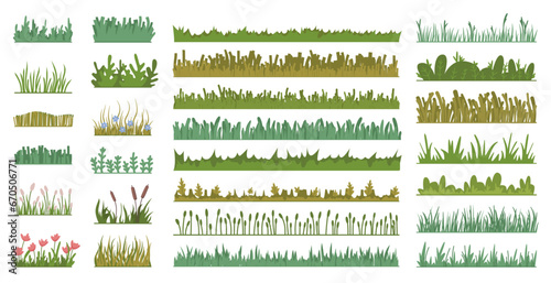 Vector flat grass with blooming flowers set isolated icons. Illustration of green grass in cartoon style, spring fresh grasses kit for web game design. Nature landscape element #670506771