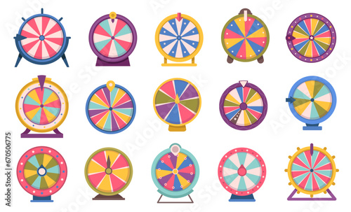 Roulette fortune spinning wheels flat icon, gambling games automats. Set of fortune, wheel for casino, success game roulette vector illustration. Bankrupt or lucky gamble, leisure games