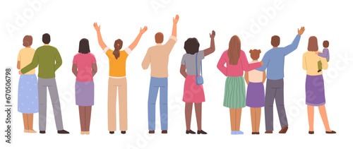 People look back and wave hands, man, woman and children saying goodbye, diversity of man and woman. People in casual cloth standing backwards, gesturing kinds and adults