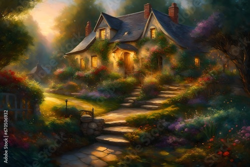 an oil painting capturing a fairytale garden akin to Thomas Kinkade, featuring a cozy, illuminated cottage nestled amid lush, glowing greenery photo