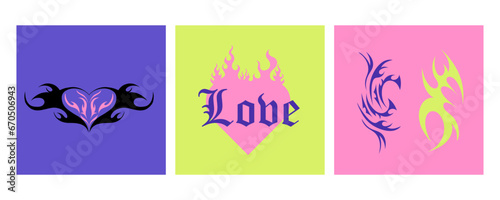Y2k tattoo. Hearts with fire, butterfly, spider and gothic girly tribal abstract ornaments. Black silhouette. Modern retro stickers. 1990s, 2000s art. Cyber sigilism style emo vector print poster card