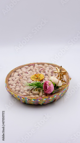 Bangalore, India 10th August 2023: Beautiful Diwali customised gift hamper for the festive season. Assorted box consisting of dryfruits like Badam, kaaju and kishmish.