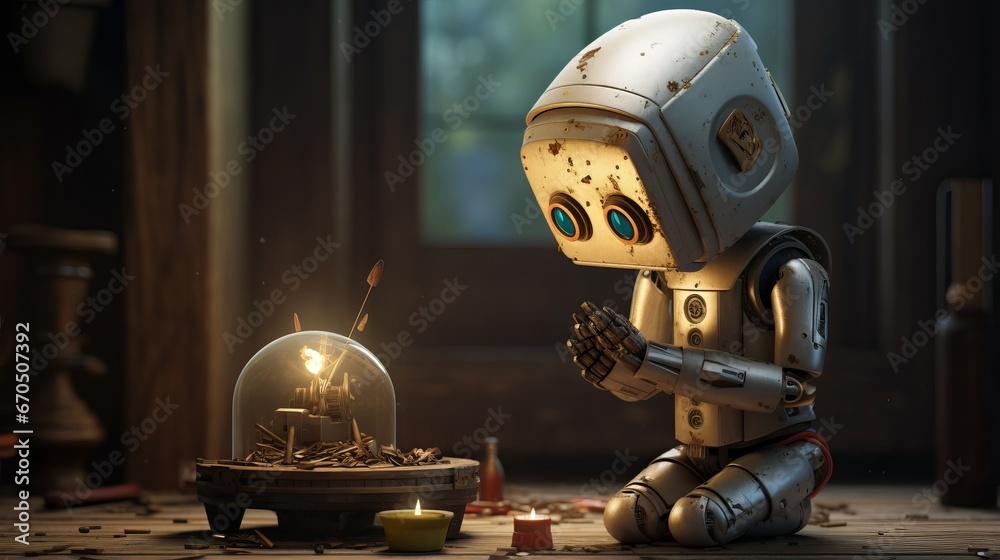 Fototapeta premium A surreal and abstract scene of a robotic figure with blue eyes and machinery, portraying a sense of cold and heat in a futuristic and sci-fi setting.