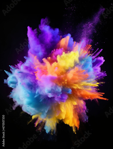 Colorful explosion of powder is shown on a black background